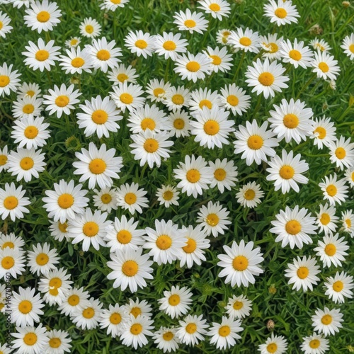 A vibrant cluster of daisies in a lush green field , botanical, tranquil