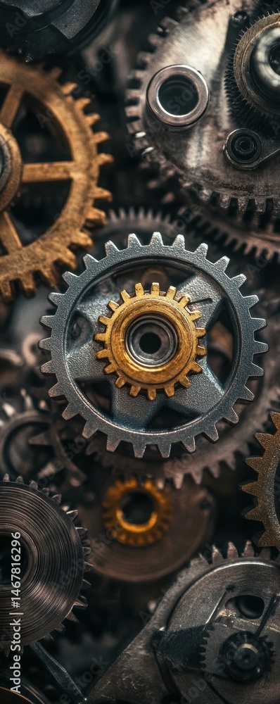 Interlocking gears in intricate mechanical system. Detailed close-up view of numerous gears, intermeshed, in various sizes and metallic tones, bronze, grey, and steel. Interlocking gears in intricate mechanical system. Detailed close-up view of numerous gears, intermeshed, in various sizes and metallic tones, bronze, grey, and steel.