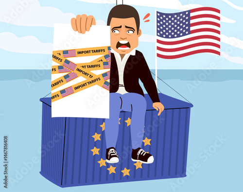 Cartoon illustration of a businessman sitting nervously on shipping containers with USA and European flags. Vector drawing concept for tariff pressure and trade uncertainty