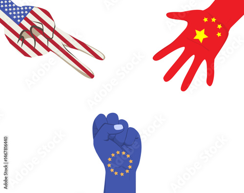Cartoon illustration of three hands playing rock-paper-scissors with USA, Europe, and China flags. Vector drawing of international competition and diplomatic strategy concept