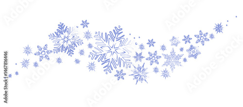Cartoon illustration of a flowing wave of blue snowflakes on a white background. Winter banner holiday seasonal greeting cards and festive design elements