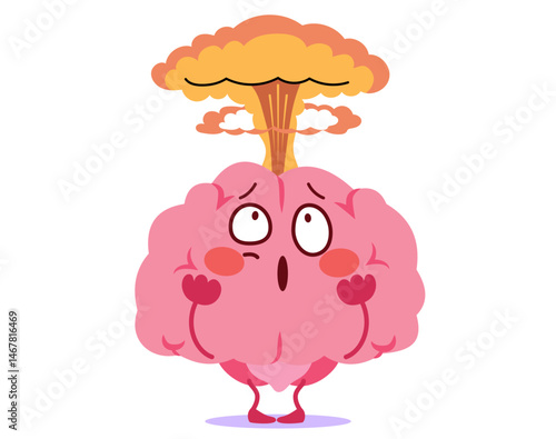 Cartoon illustration of a brain exploding with smoke or fumes from the back. Vector drawing concept of extreme stress, burnout and overwhelmed mental health