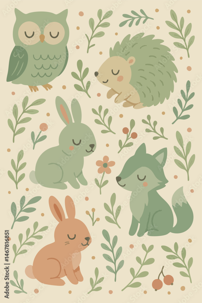 Fototapeta premium An owl, rabbit, hedgehog, and fox are amidst leaves and flowers
