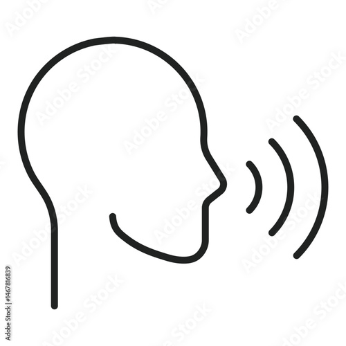 Head icon shows sound waves coming from its mouth. The icon represents speaking or talking. The design is simple and clear.