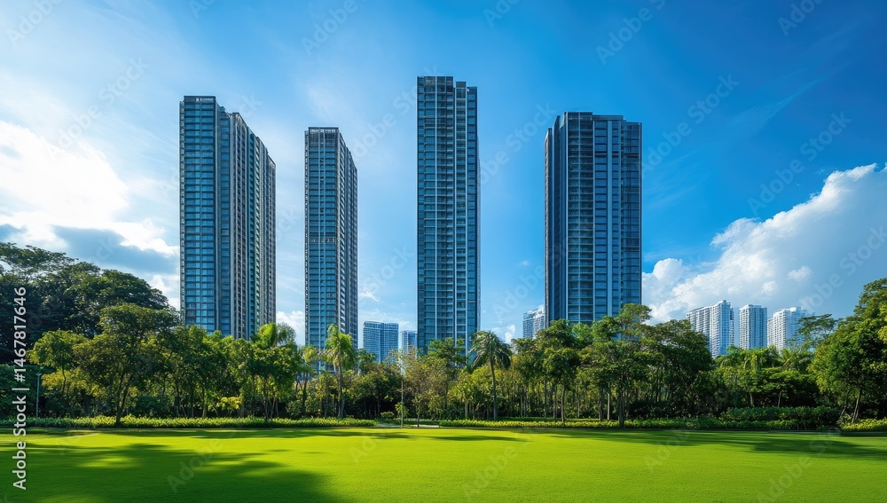 Fototapeta premium Modern high-rise buildings stand tall amidst a lush park, bathed in sunlight