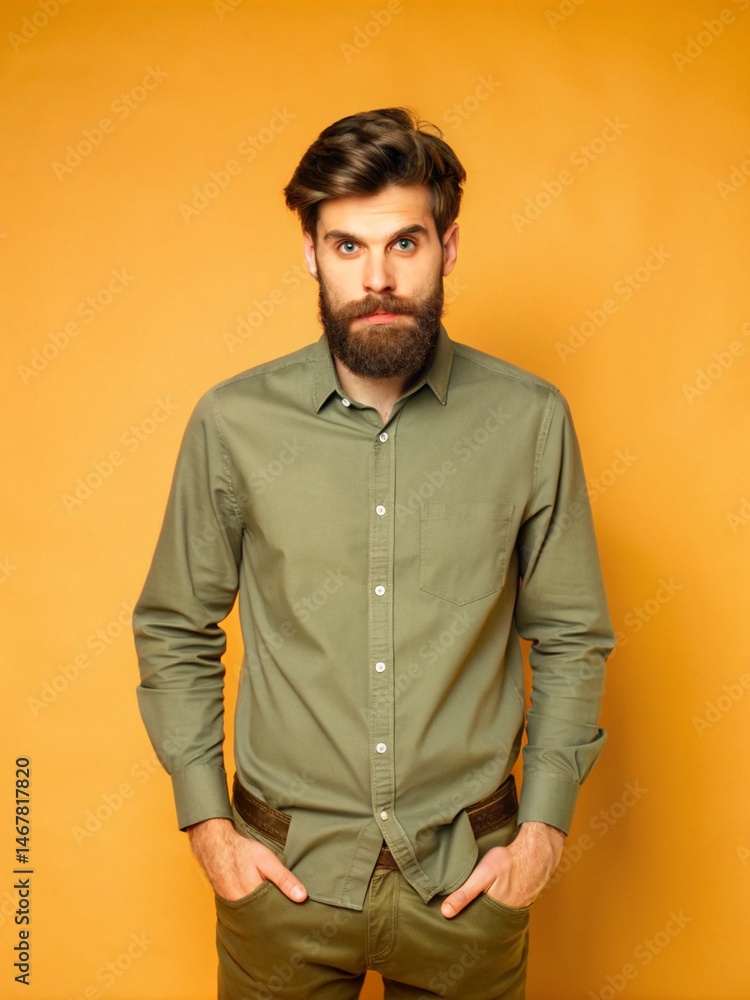 Obraz premium Stylish Bearded Man in Olive Green Shirt Poses Against Yellow Background Studio Portrait