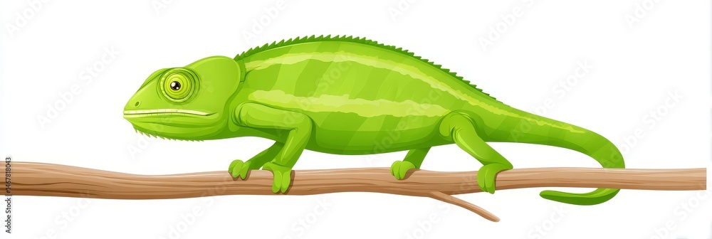 Obraz premium Green Chameleon on Branch - A vibrant green chameleon rests on a light brown branch against a white background. Perfect for nature, wildlife, or reptile themed projects