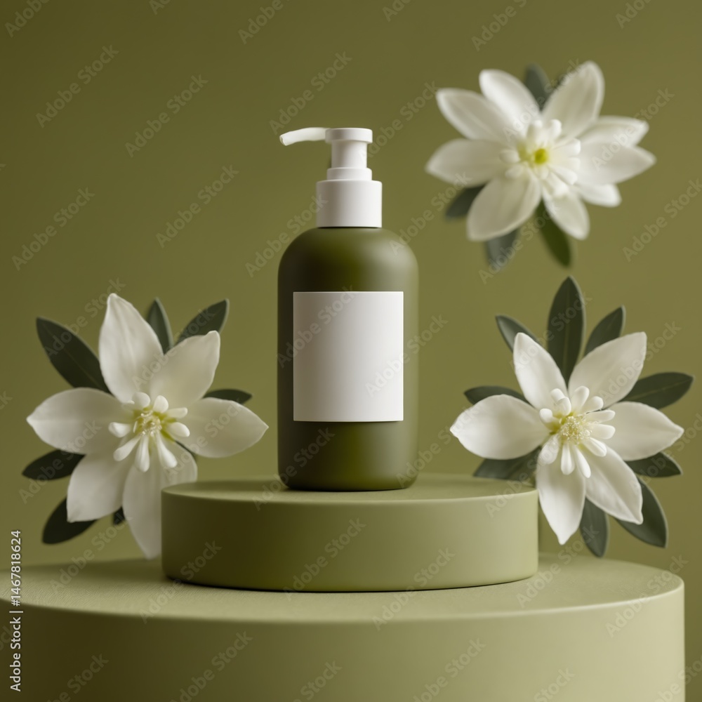 Olive-green bottle mockup with pump stands on podium Olive-green bottle mockup with pump stands on podium