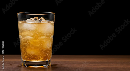Refreshing Sparkling Beverage in Glass with Ice Cubes on Wooden Surface