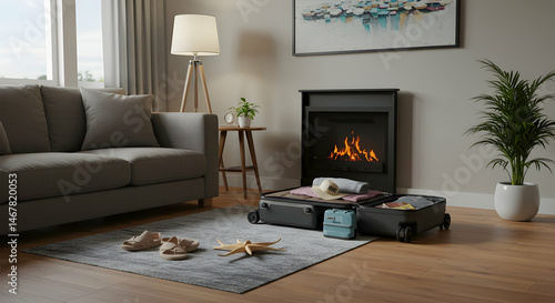 Cozy Living Room with Luggage, Chair, Lamp, and Fireplace Scene