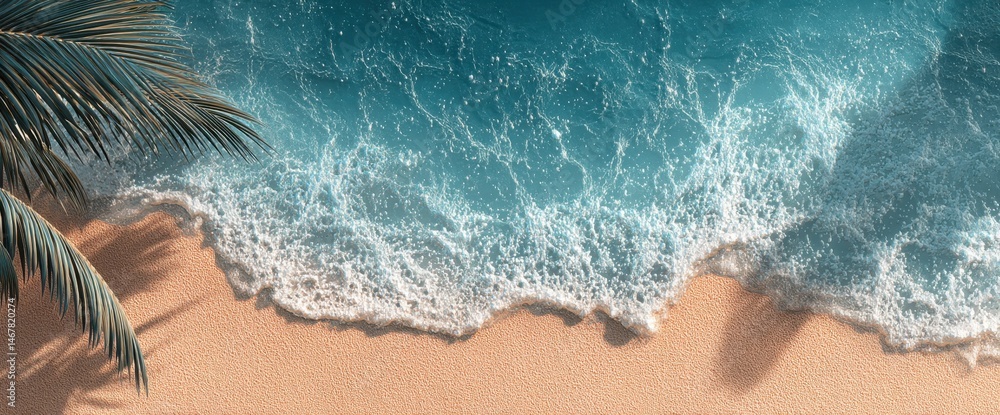 Obraz premium Soft waves caress the sandy shore, palm fronds casting shadows on the beach.