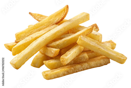 Crispy French fries in a top-down view, golden and inviting, isolated on a transparent background, ideal for food and snack-related themes.