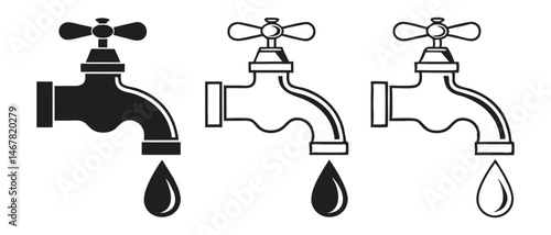 Water Faucet Icon Set, Outline & Silhouette with Dripping Drop Vector, On White Background
