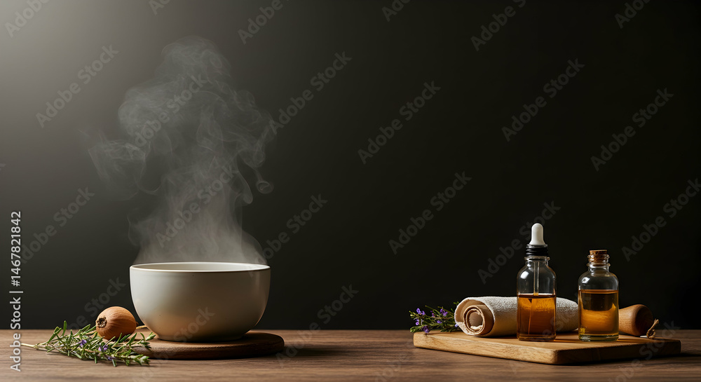 Aromatic Steam Rising from Bowl with Natural Oils and Ingredients Aromatic Steam Rising from Bowl with Natural Oils and Ingredients