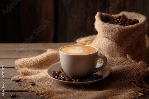 A cup of latte art coffee sits on a burlap cloth next to a bag of coffee beans.