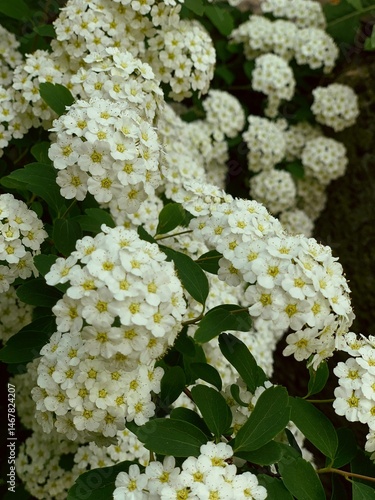 Spirea blooming bush close up view, white tiny spring flowers