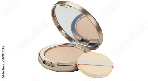 Isolated Beige Powder Compact with Mirror and Puff