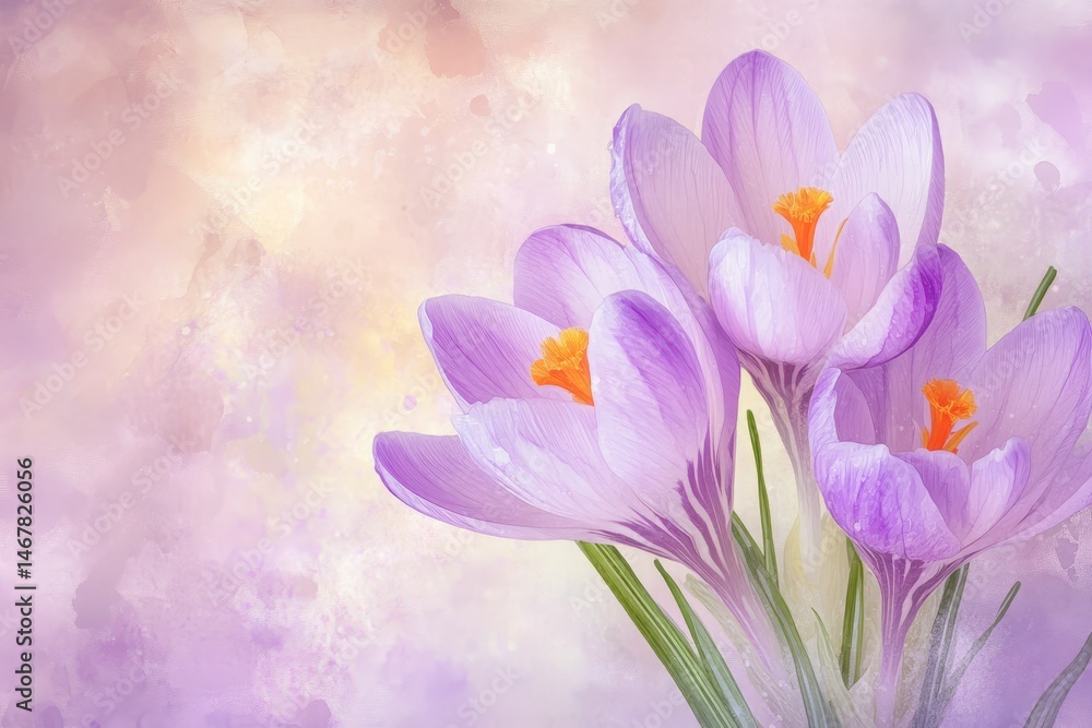 Delicate purple crocuses on a soft pastel background. Delicate purple crocuses on a soft pastel background.