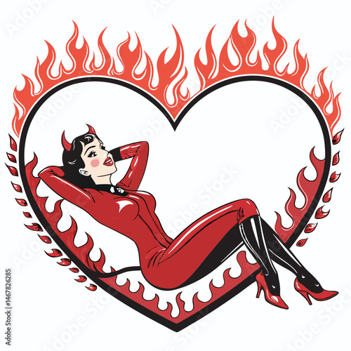 A sultry pin-up style devil woman lounging seductively, clad in a tight, red latex outfit, horns slightly visible.  Fiery background.