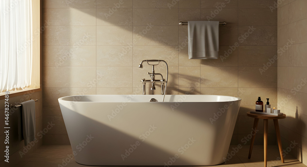 Fototapeta premium Modern Minimalist Bathroom with Stylish Bathtub and Natural Light