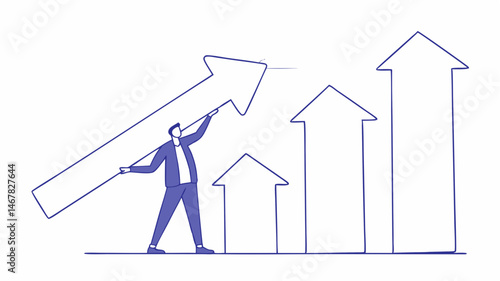 Businessman lifting giant arrow symbolizing growth success and overcoming challenges Simple line art