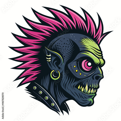 Create a detailed illustration of a punk eyeball monster;  fierce expression, vibrant mohawk, multiple piercings, detailed texture.