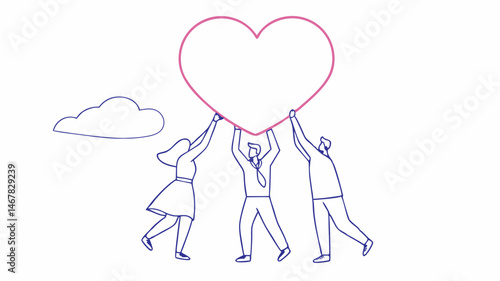 Three friends lift a giant heart symbolizing unity love and teamwork in a minimalist line art design
