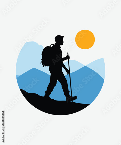 Backpacker on Mountain Trail at Sunrise – Scenic Outdoor Journey in Nature with Golden Light