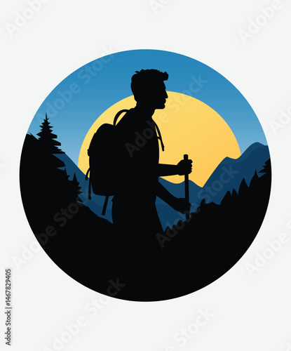 Man Hiking with Backpack on Mountain Trail During Sunrise – Outdoor Adventure Landscape