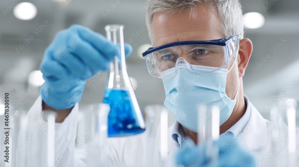Scientist Examining Blue Liquid in Lab - A scientist in a lab coat and protective gear carefully examines a flask of blue liquid, conducting scientific research Scientist Examining Blue Liquid in Lab - A scientist in a lab coat and protective gear carefully examines a flask of blue liquid, conducting scientific research
