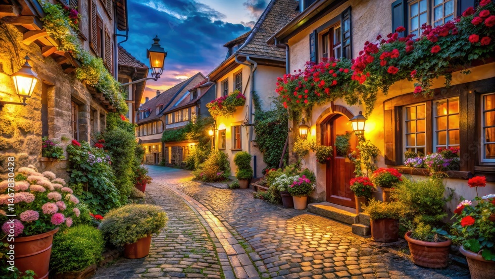 Fototapeta premium Tranquil European Village Evening: Charming Street Scene Photography