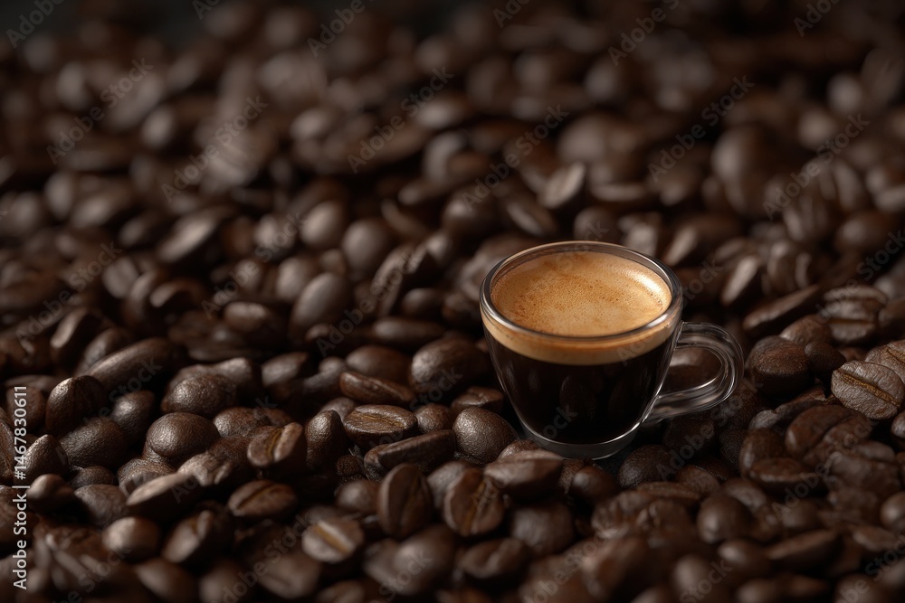 Fototapeta premium Espresso shot on roasted coffee beans.