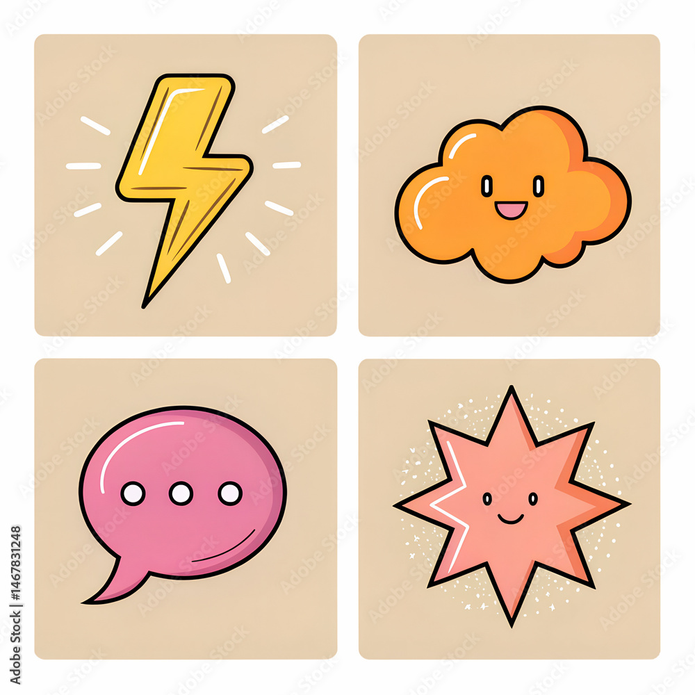 Set of four cartoon icons: lightning bolt, smiling cloud, speech bubble, and smiling star burst on transparent background Set of four cartoon icons: lightning bolt, smiling cloud, speech bubble, and smiling star burst on transparent background
