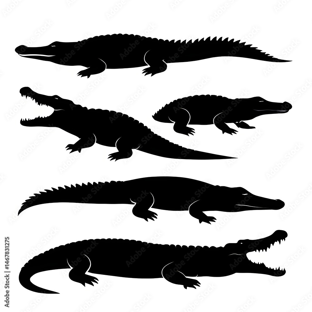Fototapeta premium Crocodile Silhouette Vector Set – Swimming, Crawling, Open Mouth Poses – Wild Animal Illustration on White Background