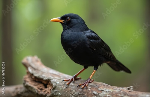 Common Blackbird Turdus merula sits on tree branch. Male bird with black plumage, bright orange beak, legs, eye ring. Natural habitat, green background, forest. Wildlife, fauna, ornithology concept.