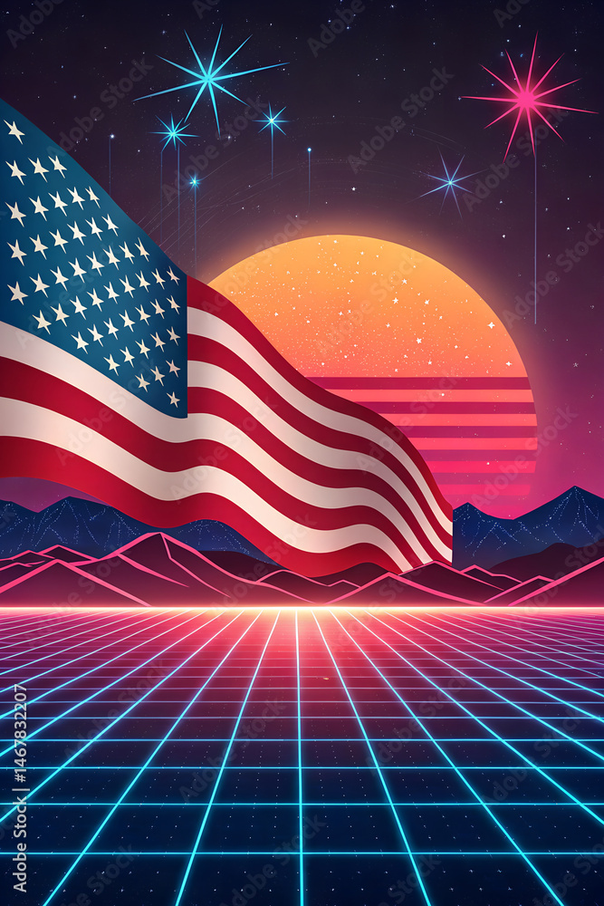 Obraz premium Retro Wave American Flag Landscape with Neon Grid and Starry Sky