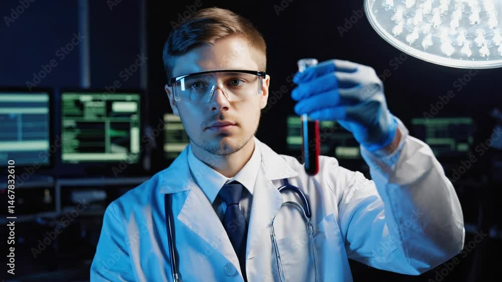 4k video of a doctor showing a lab tube with blood. Concept of blood analysis and test.