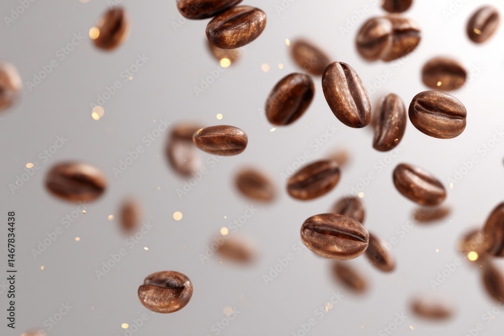 Roasted coffee beans falling against a soft grey background. A delicious image for your next project. Roasted coffee beans falling against a soft grey background. A delicious image for your next project.