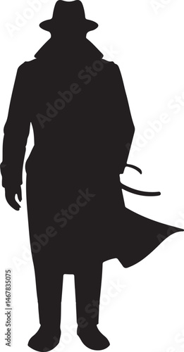 Detective Silhouette Vector with Trench Coat and Hat for Mystery Story Design, Crime Theme Art, Novel Cover, and Detective Fiction