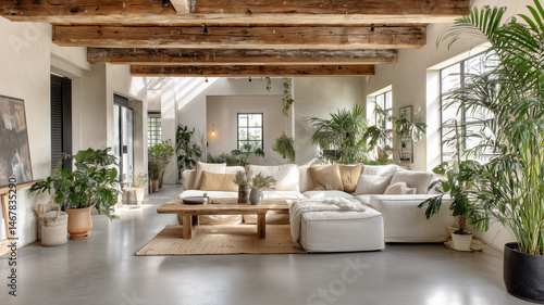 Open-plan living room with polished concrete floors