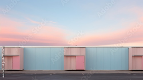 Minimalist architecture under a cotton candy sky creates a surreal urban dreamscape