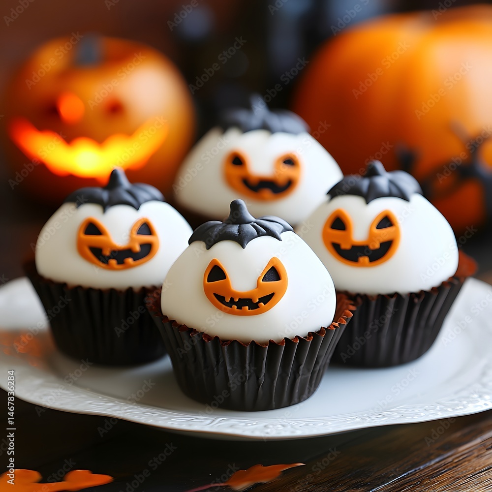 Halloween cupcakes with white frosting and pumpkins on a wooden background. selective focus. Halloween cupcakes with white frosting and pumpkins on a wooden background. selective focus.