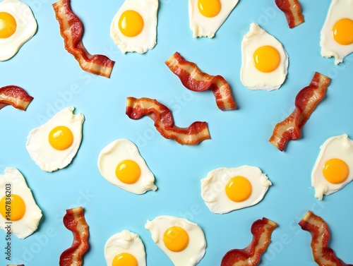 Wallpaper Mural Bacon and eggs pattern. top view. bright blue background Torontodigital.ca