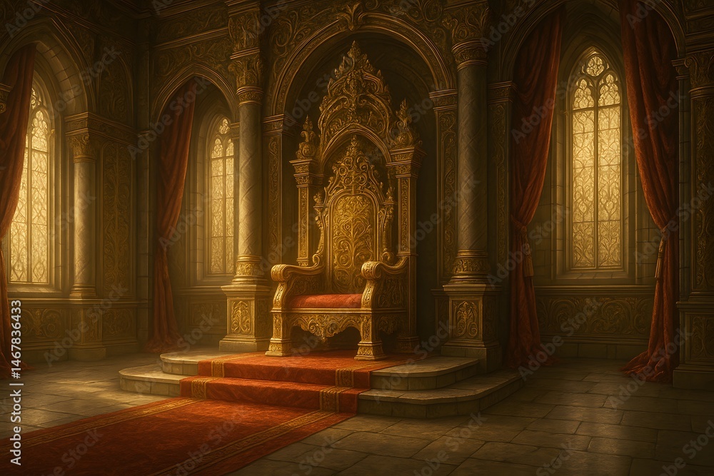 Obraz premium Majestic Medieval Throne Room with Golden Royal Throne and Ornate Gothic Architecture
