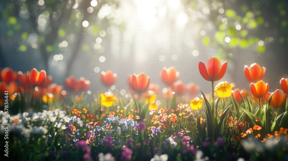 Fototapeta premium Spring flowers in a sunlit forest clearing. Possible use Stock photo for spring, nature, gardening