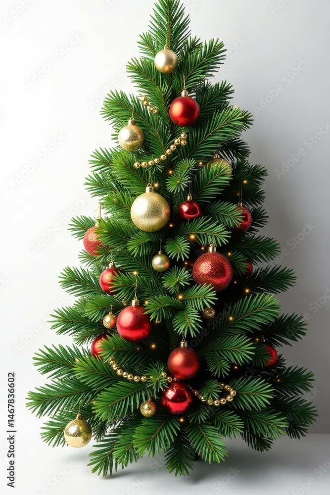 Luxurious dark green fir branch adorned with gleaming gold, red, and white baubles , nature, elegant, fir Luxurious dark green fir branch adorned with gleaming gold, red, and white baubles , nature, elegant, fir