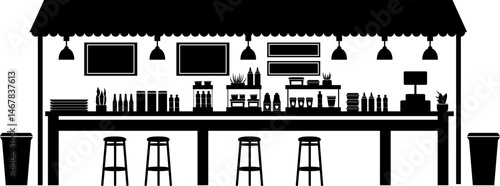 Street food summer restaurant. Outdoor shop front.  Vector silhouette of park cafe.