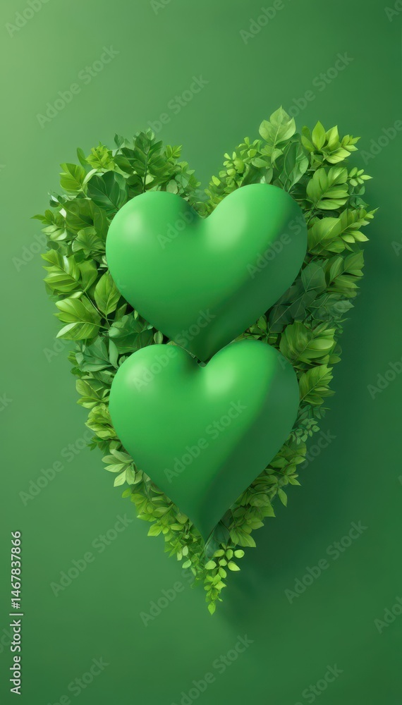 Abstract asymmetrical green heart with leaves on a green background , environment, graphic Abstract asymmetrical green heart with leaves on a green background , environment, graphic