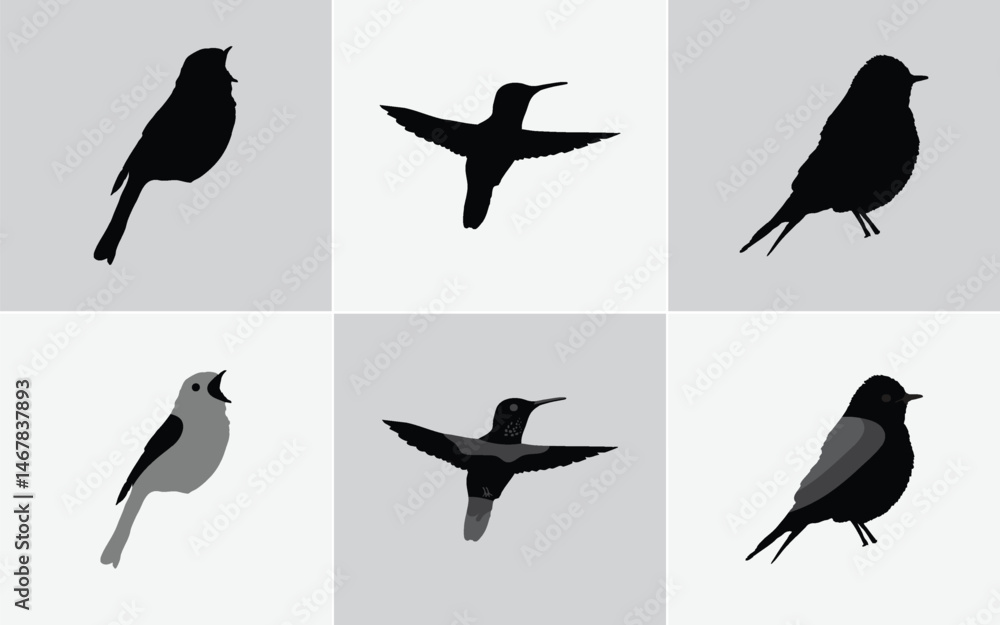 Fototapeta premium Six Minimalist Black Bird Silhouette Illustrations: Vector Icons for Web and Print Design, Black Bird Silhouettes Vector Set: Includes Finch, Sparrow, and Bunting Style Icons
