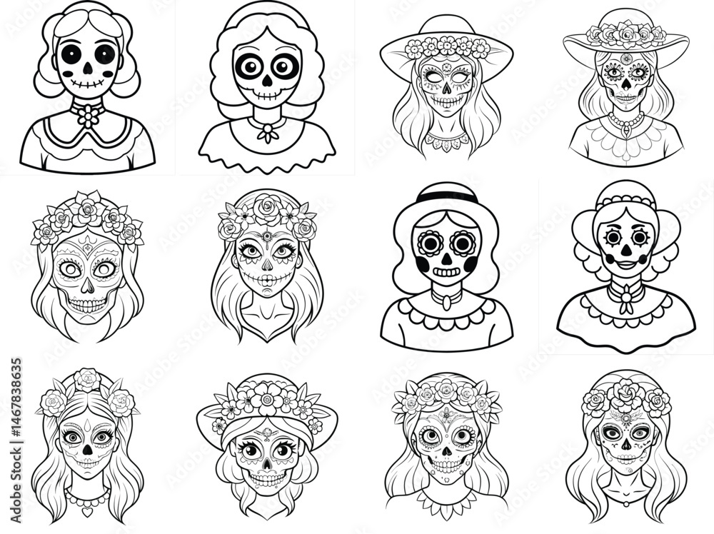 LA Catrina outline vector illustration isolated on white background. LA Catrina outline vector illustration isolated on white background.